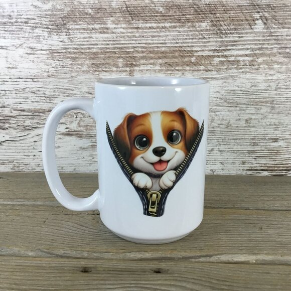 Puppy Peeking from Zipper Design 15 oz Ceramic Coffee Mug - Picture 1 of 3